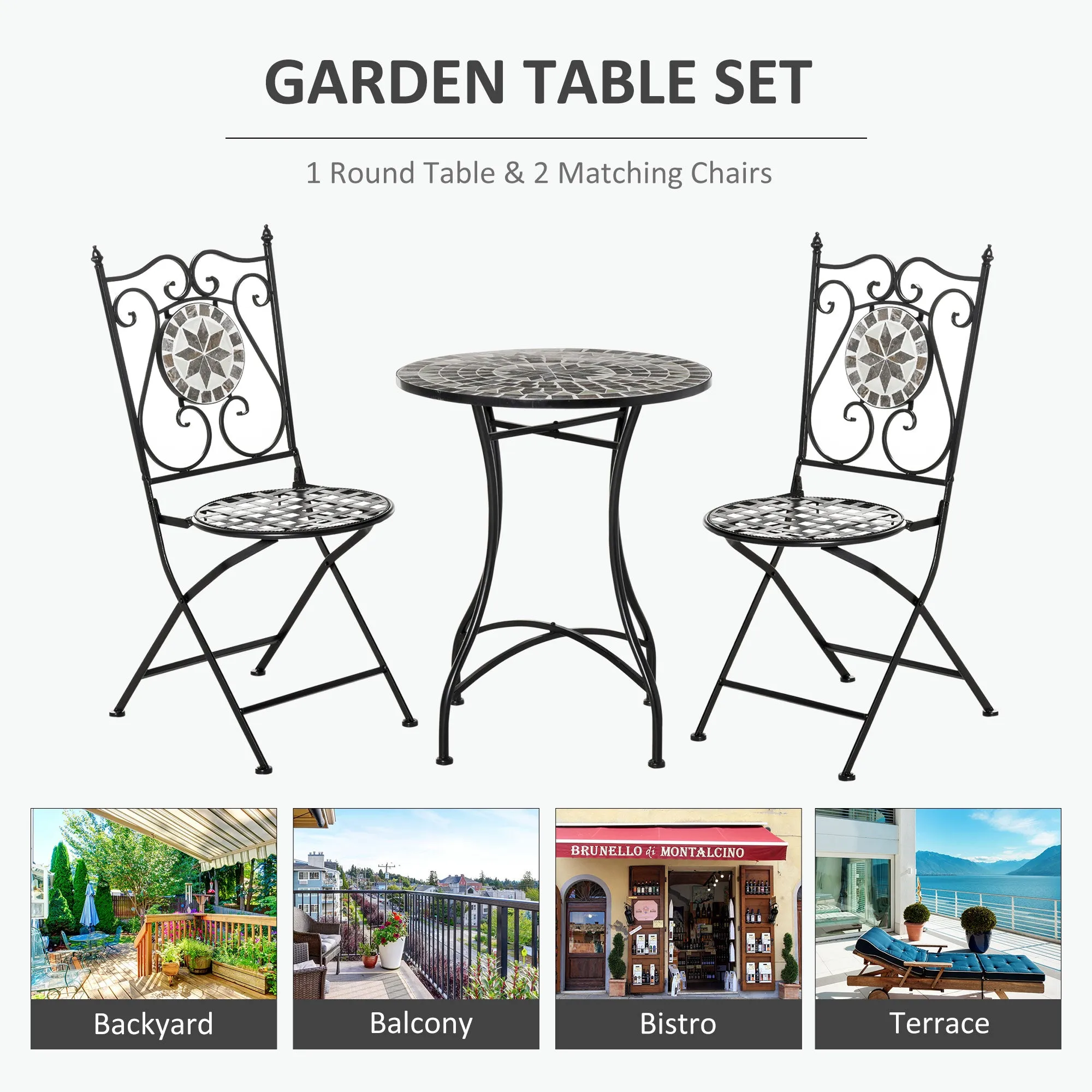 3 Pcs Mosaic Tile Garden Bistro Set Outdoor Seating w/ Table 2 Folding Chairs Set Metal Frame Elegant Scrolling Indoor Patio Balcony