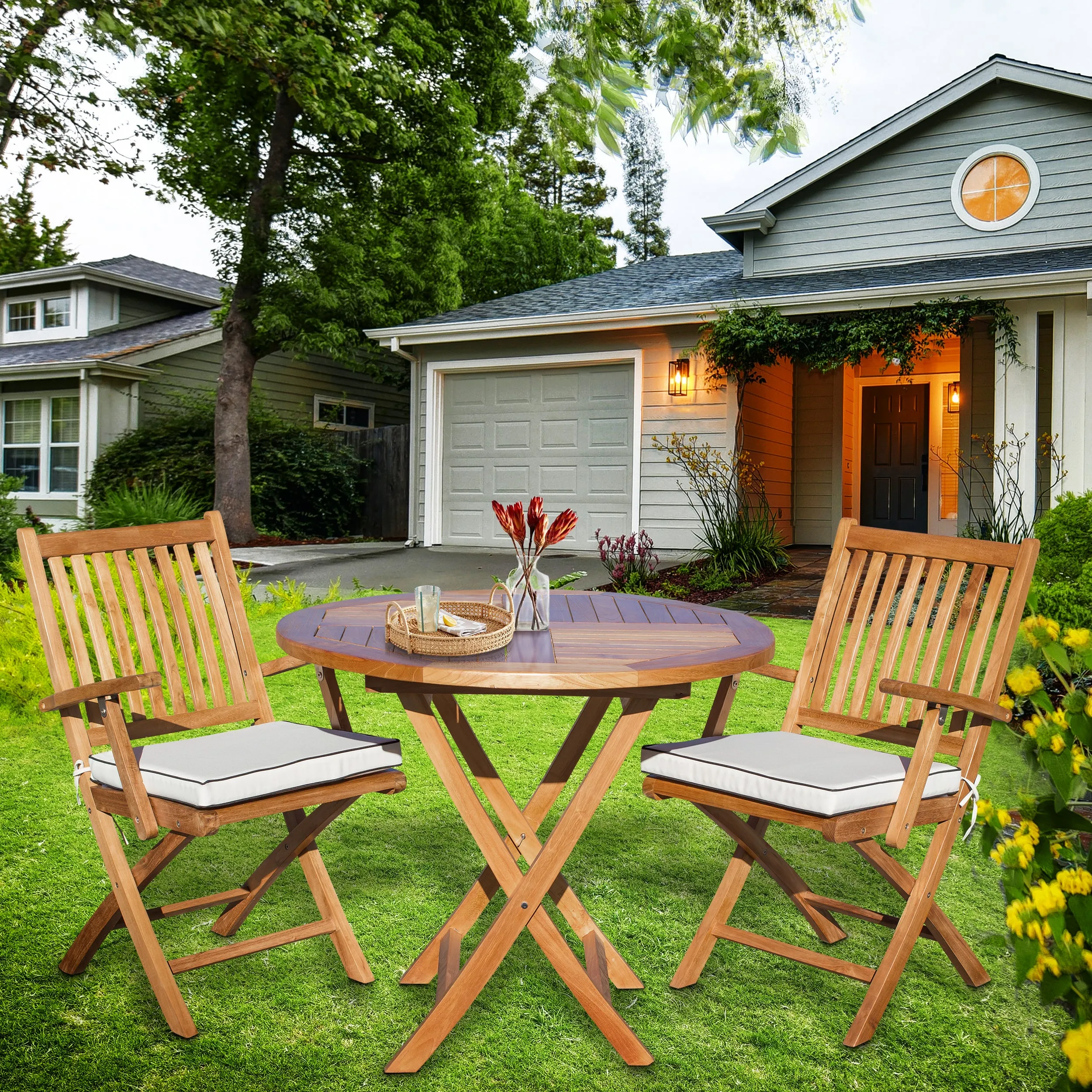 3 Piece Teak Wood Santa Barbara Patio Dining Set, 36" Round Folding Table with 2 Folding Arm Chairs