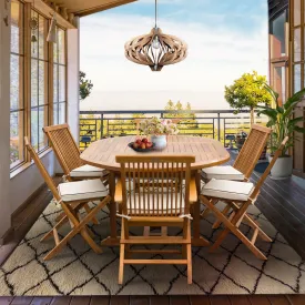 7 Piece Teak Wood Miami Patio Dining Set with Round to Oval Extension Table, 2 Arm Chairs and 4 Side Chairs with Cushions