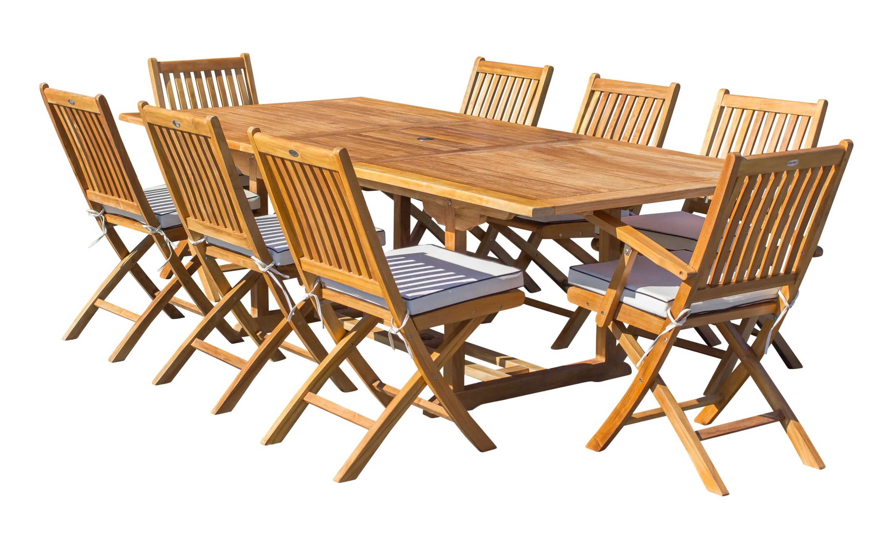 9 Piece Teak Wood Santa Barbara Patio Dining Set with Rectangular Extension Table, 2 Folding Arm Chairs and 6 Folding Side Chairs