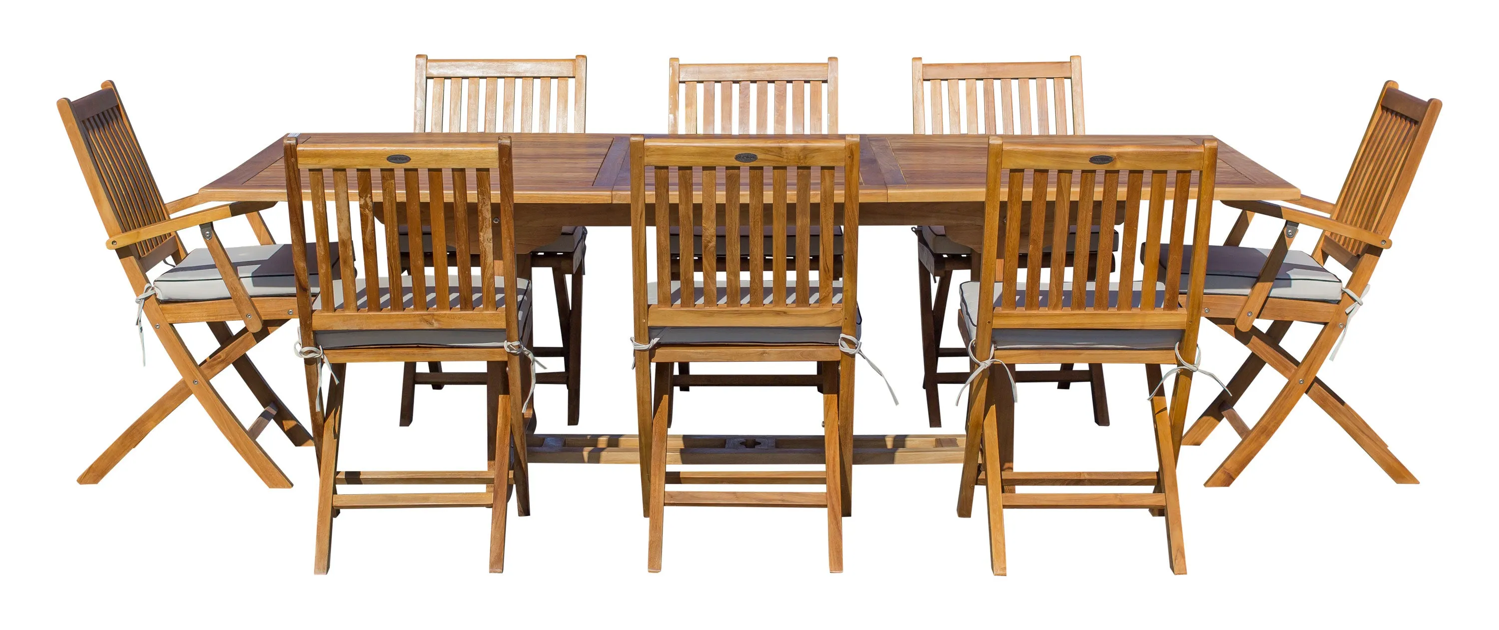 9 Piece Teak Wood Santa Barbara Patio Dining Set with Rectangular Extension Table, 2 Folding Arm Chairs and 6 Folding Side Chairs