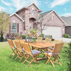 9 Piece Teak Wood Santa Barbara Patio Dining Set with Rectangular Extension Table, 2 Folding Arm Chairs and 6 Folding Side Chairs