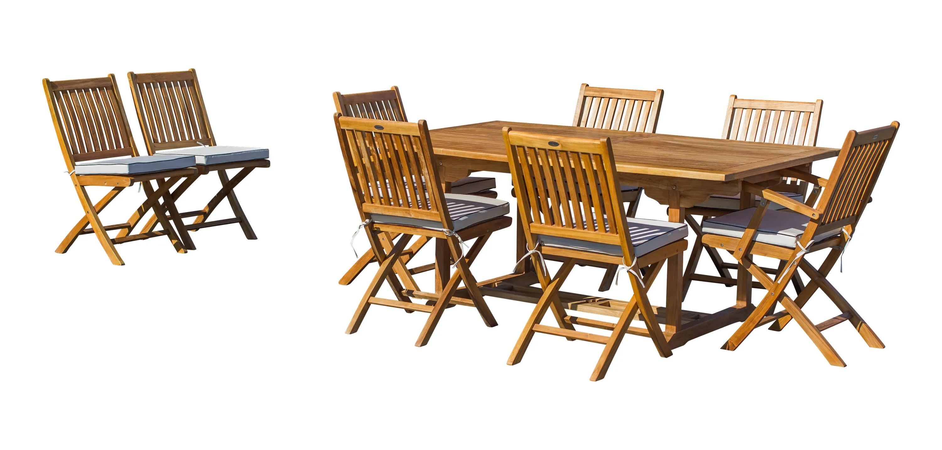 9 Piece Teak Wood Santa Barbara Patio Dining Set with Rectangular Extension Table, 2 Folding Arm Chairs and 6 Folding Side Chairs