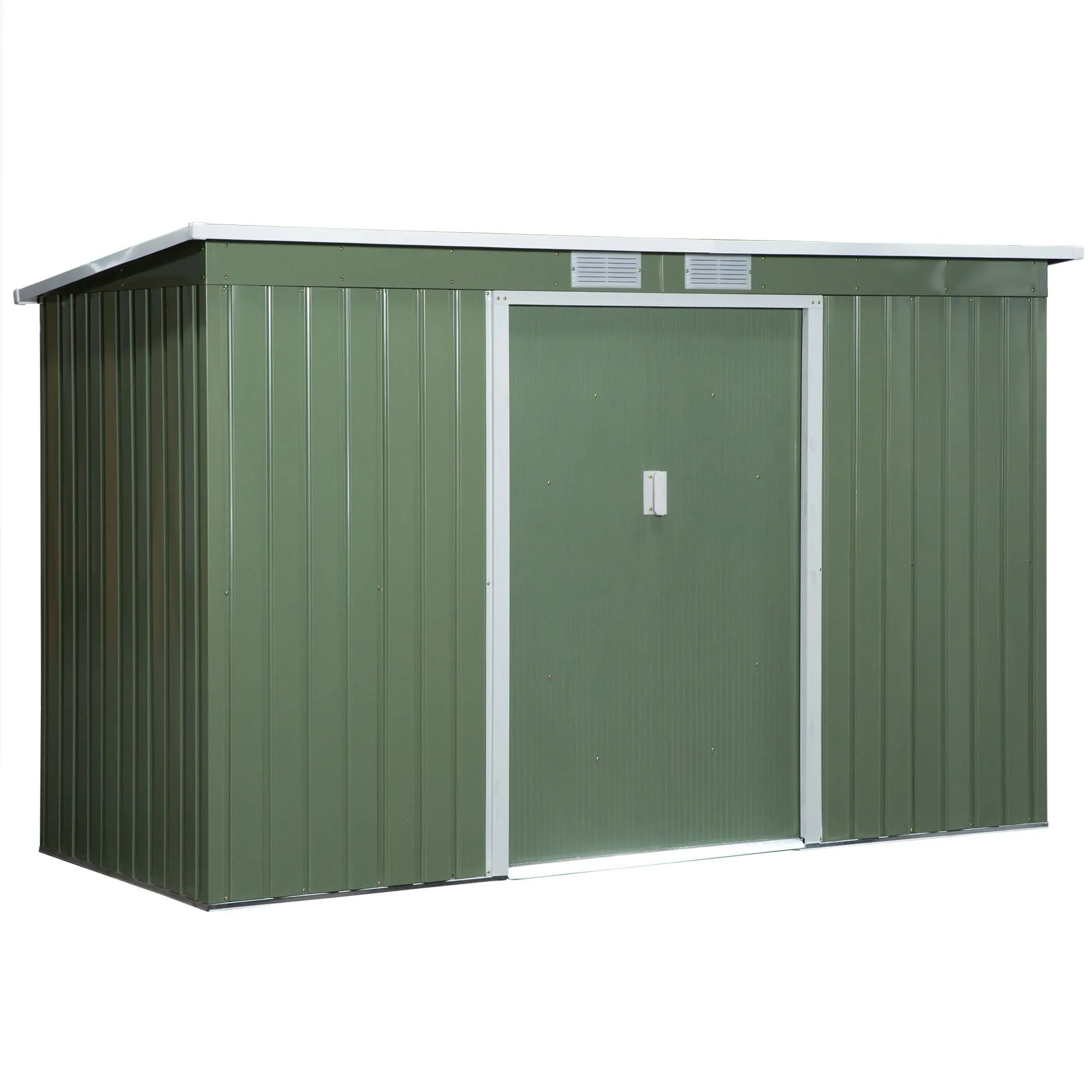 9 x 4.5 ft Pent Roof Metal Garden Storage Shed Corrugated Steel Tool Box with Foundation Ventilation & Doors, Green