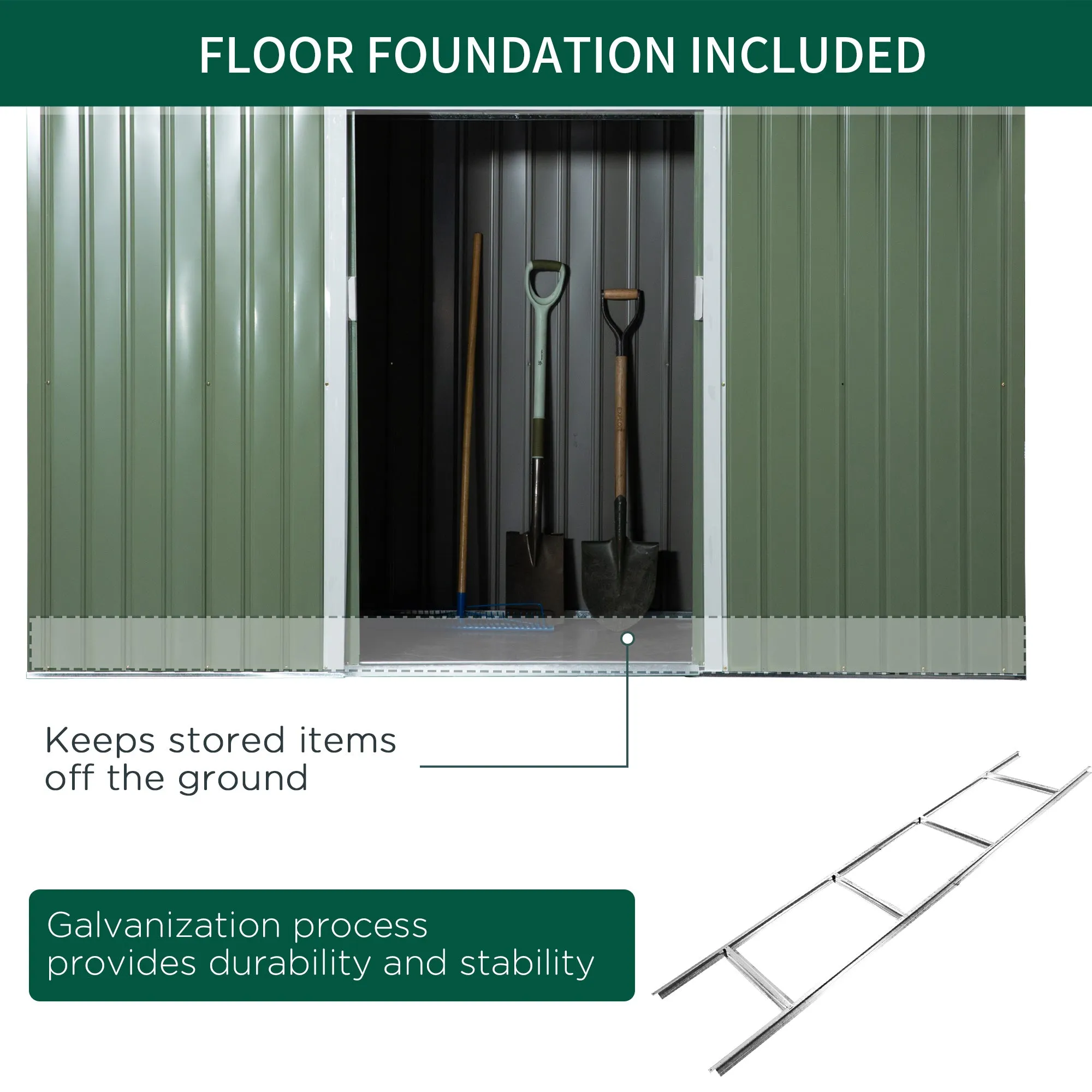 9 x 4.5 ft Pent Roof Metal Garden Storage Shed Corrugated Steel Tool Box with Foundation Ventilation & Doors, Green