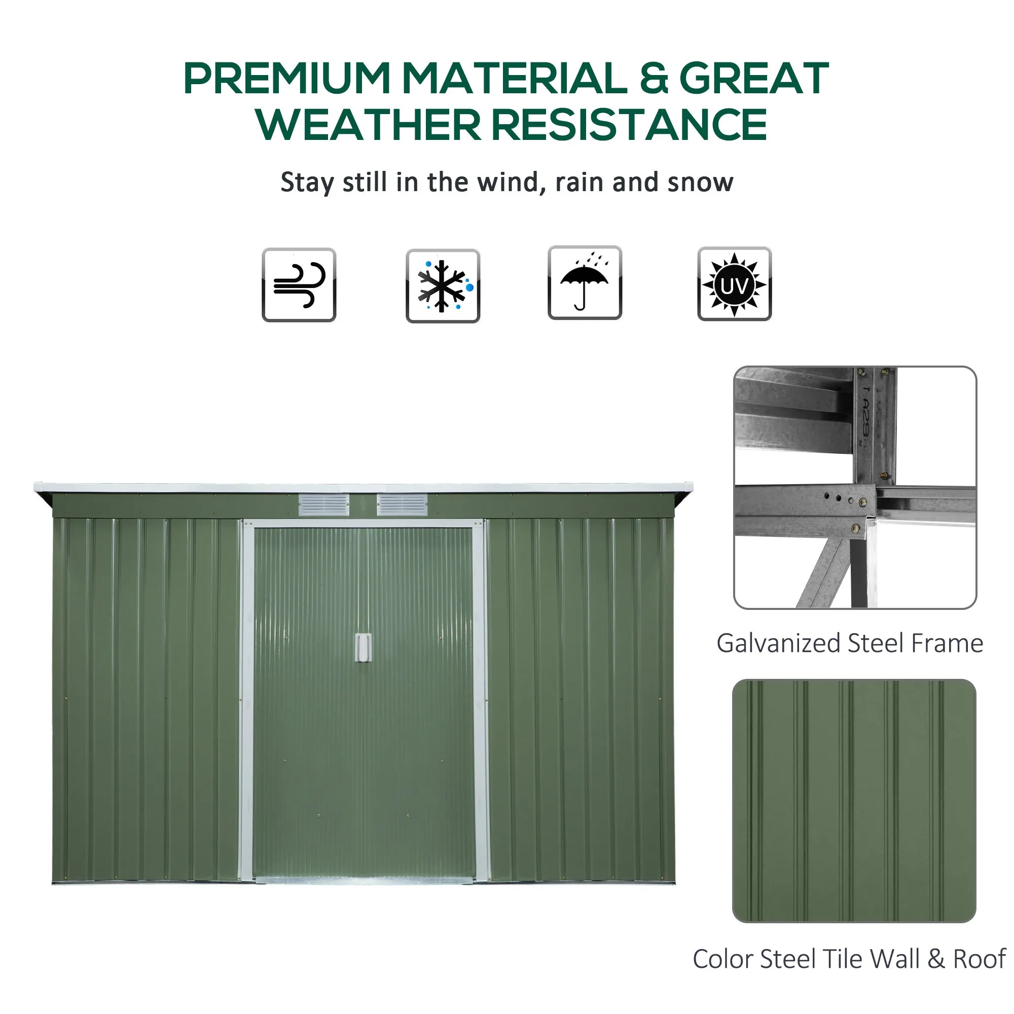 9 x 4.5 ft Pent Roof Metal Garden Storage Shed Corrugated Steel Tool Box with Foundation Ventilation & Doors, Green