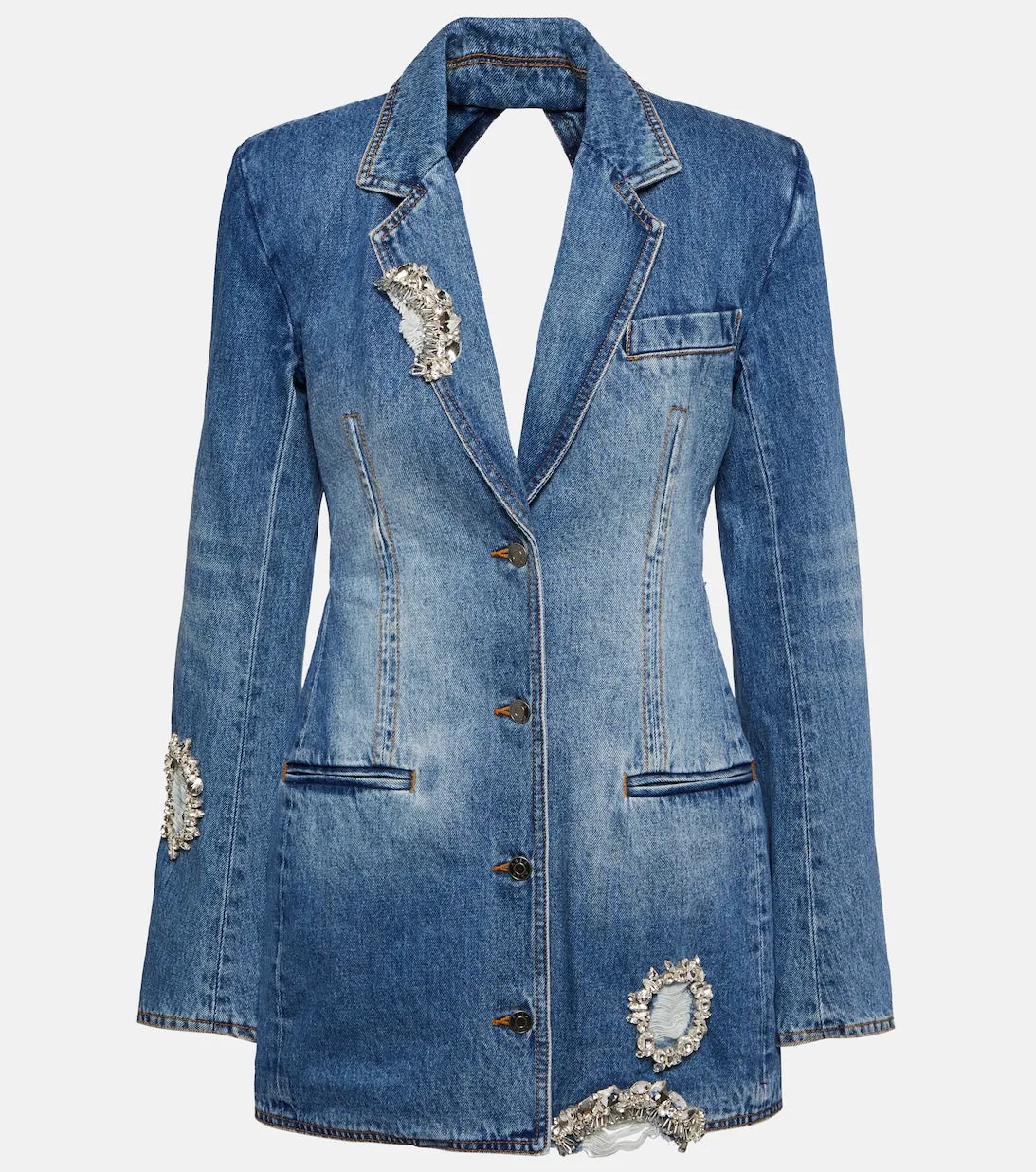 AREA Embellished Cutout Denim Blazer, Blue