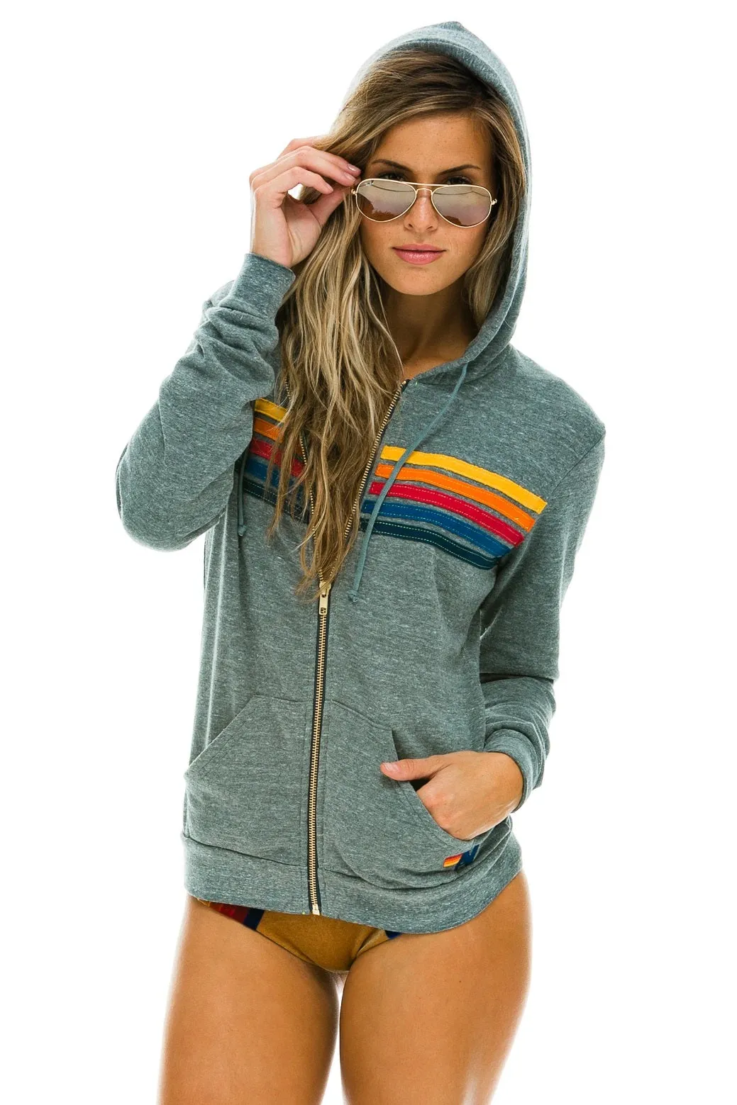 Aviator Nation - 5 Stripe Zip Hoodie in Heather Grey