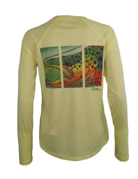 Women's Sun Protective Fishing Shirt Pale Yellow/Colored Brown Trout