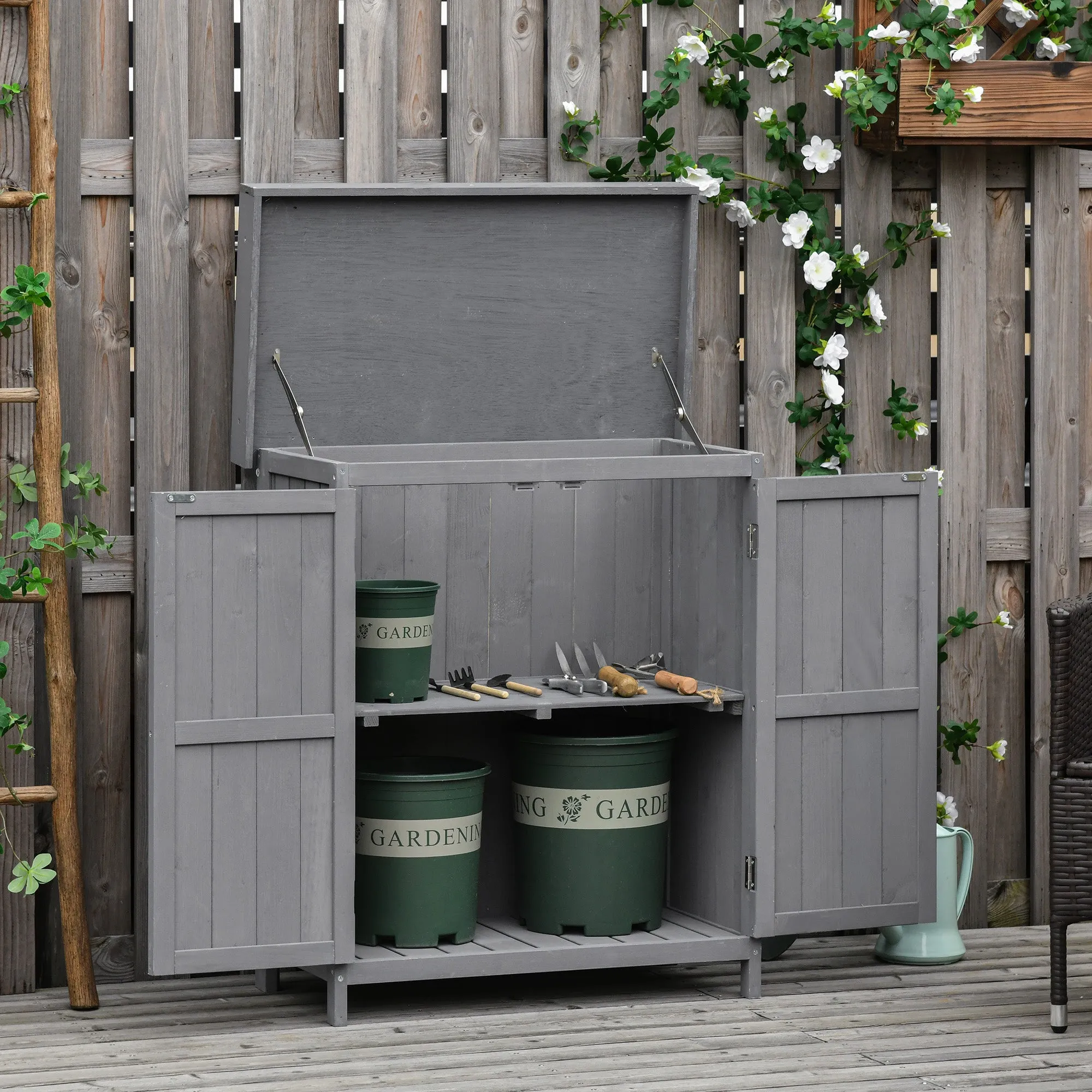 Wooden Garden Storage Shed Tool Cabinet Organiser with Shelves, Two Doors,74 x 43 x 88cm, Grey